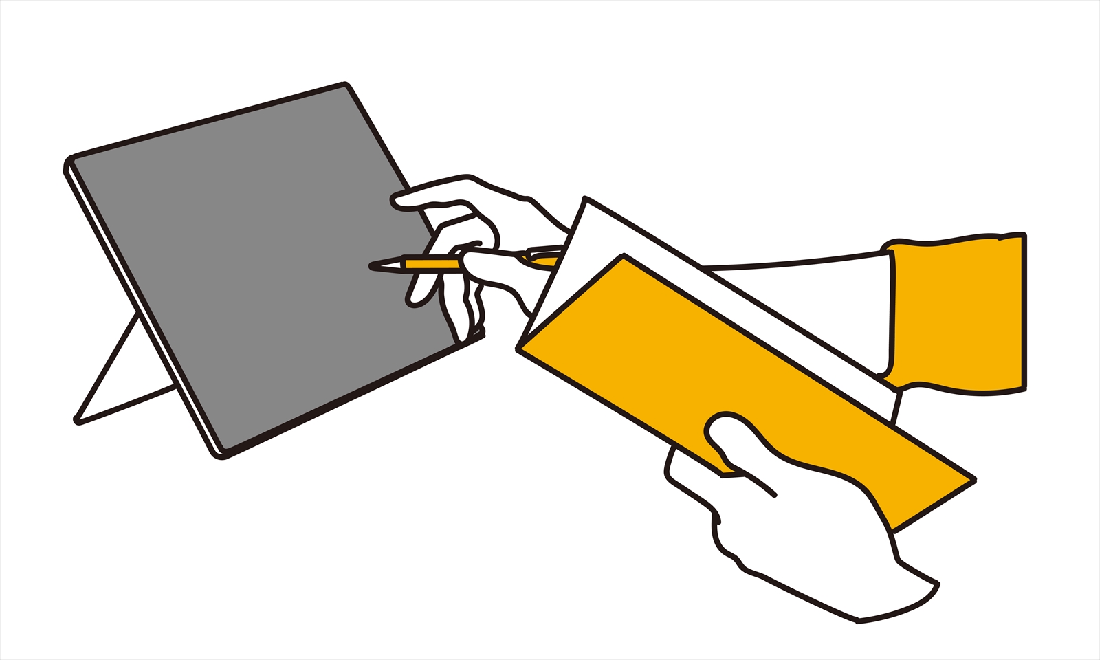 タブレットをタッチする手元のイラスト