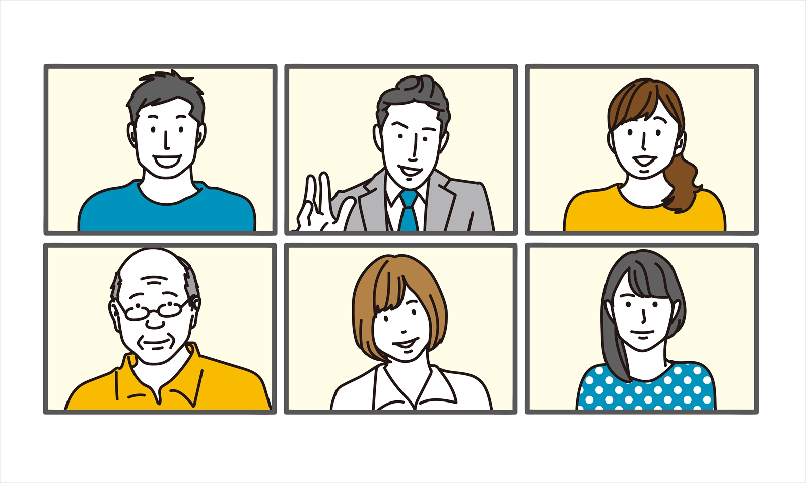 「さまざまな年代や性別の人物が6つの枠に描かれたイラスト。オンライン会議のような構成で、複数の利用者をイメージさせる。」