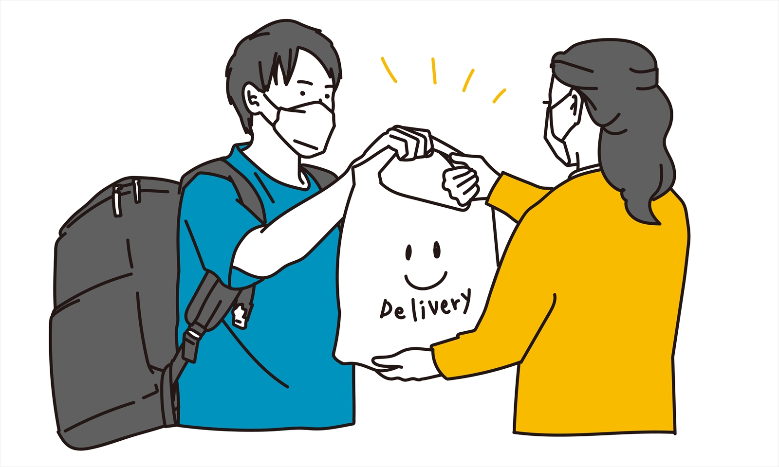 デリバリーの配達員が商品を顧客に手渡しているイラスト