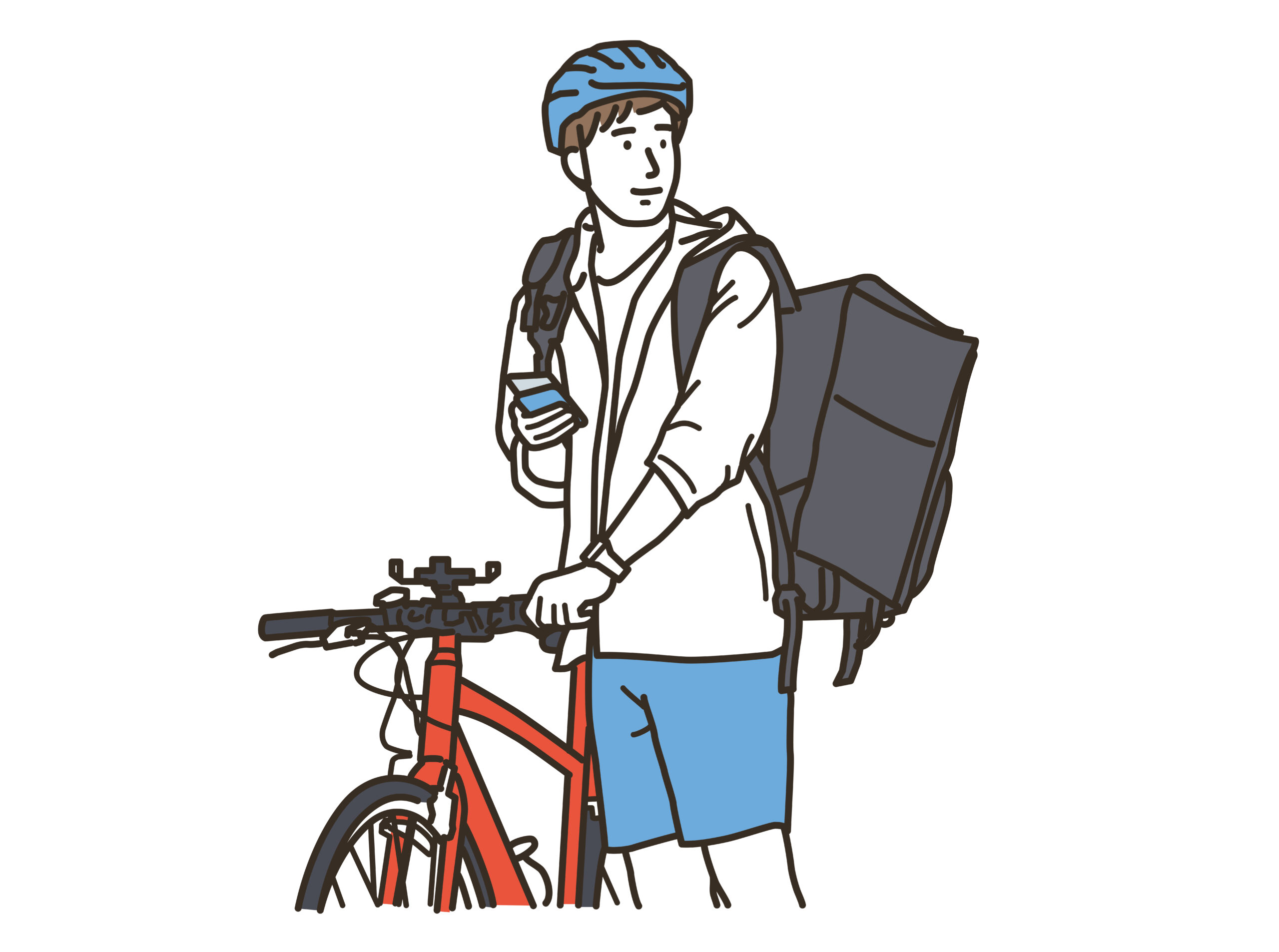 デリバリーの配達員がスマホを持って周囲を見回しているイラスト