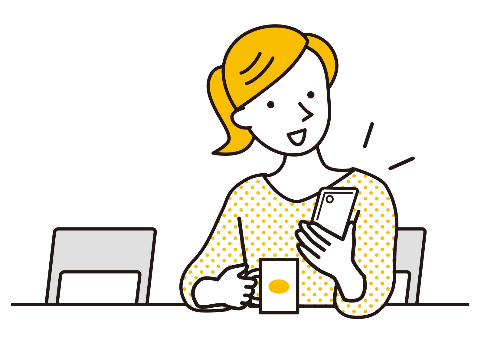 スマホを見て笑顔の女性のイラスト。テイクアウトやデリバリーの注文を楽しんでいるイメージ