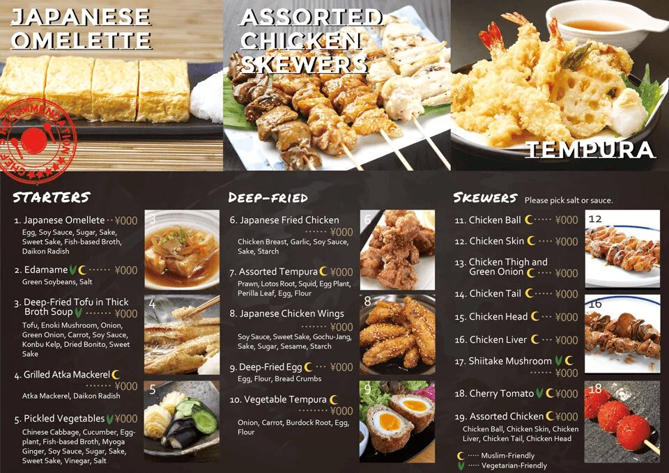 英語表記の居酒屋メニュー（卵焼き・焼き鳥・天ぷらなど）