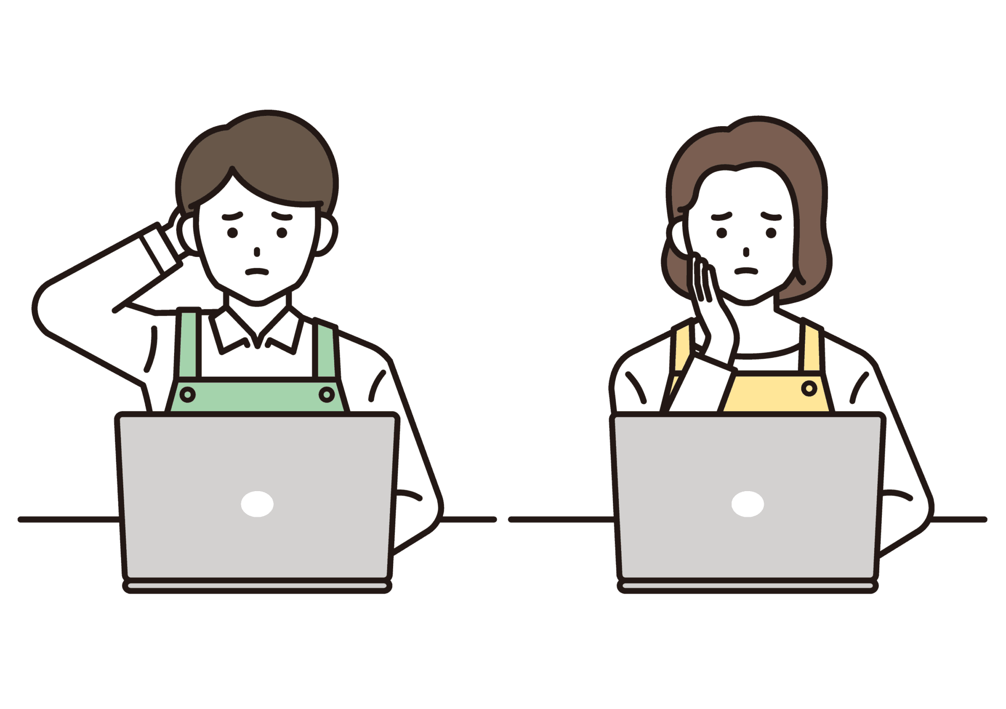 Webサイトの管理に悩む飲食店オーナー（男女）のイラスト