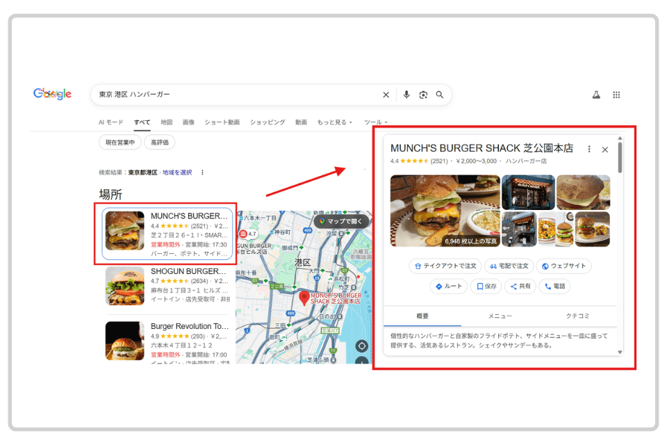 Googleビジネスプロフィールの表示例（店舗情報・写真・ボタンが確認できる画面）