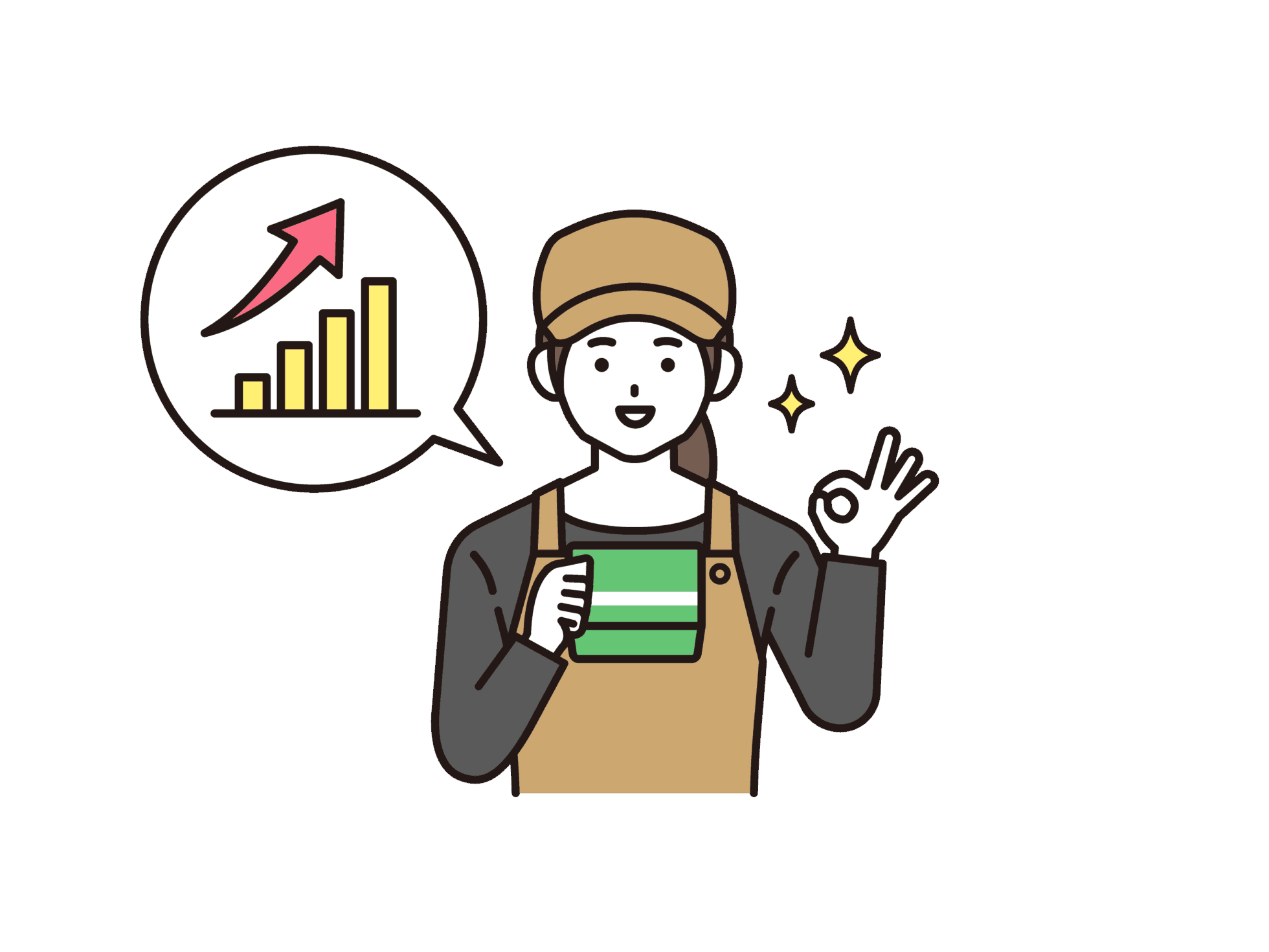 飲食店の売上アップを表現した上昇グラフと満足するスタッフのイラスト