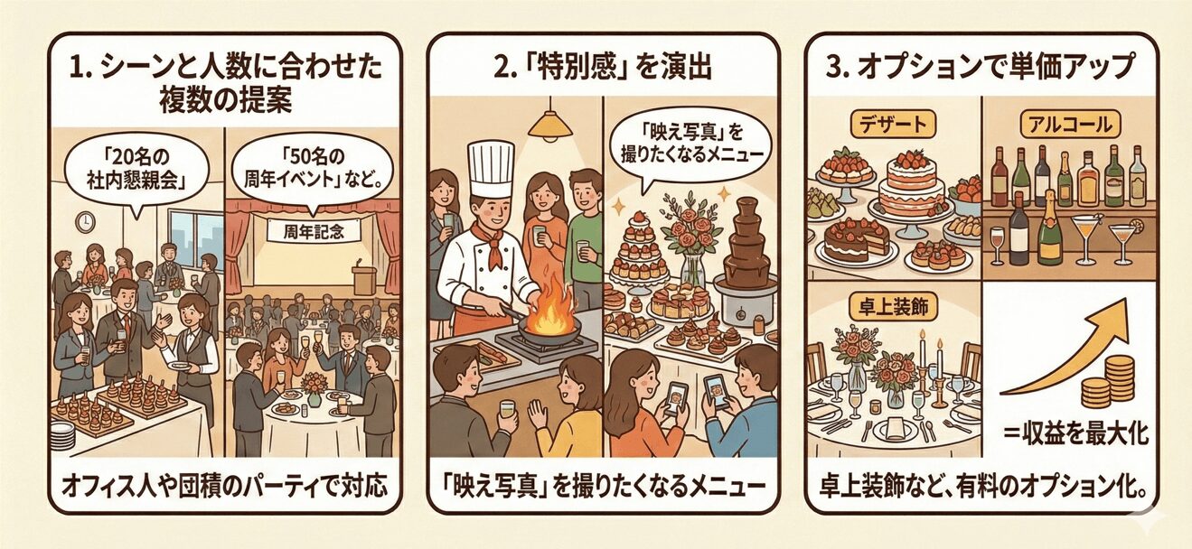 ケータリング成功のためのメニュー作りのコツ。1.シーンや人数に合わせた提案、2.映え写真などの特別感の演出、3.デザートや装飾などのオプションによる単価アップの3つのポイント。