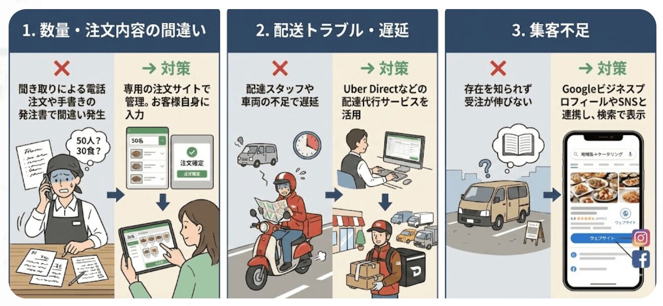 ケータリングで起こりやすい3つのトラブルと対策の比較図。1.注文間違いには専用サイト導入、2.配送遅延には配送代行活用、3.集客不足にはGoogleビジネスプロフィールやSNS連携が有効であることを示すイラスト。