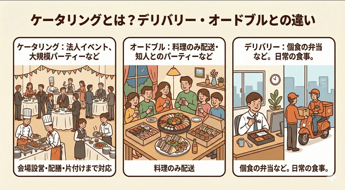 ケータリング、オードブル、デリバリーの違いを比較した図。ケータリングは会場設営から片付けまで対応、オードブルは料理のみ配送、デリバリーは日常的な個食の弁当であることを説明するイラスト。