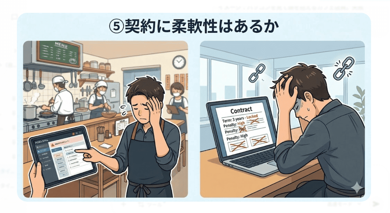 ノートパソコンの契約条項を見ながら、柔軟性のない契約内容に頭を抱えて落ち込むカフェ店員のイラスト