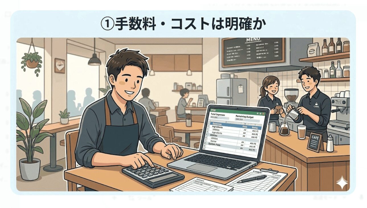 カフェの店内でパソコンと電卓を使い、手数料やコストを明確に計算して笑顔を見せる店主のイラスト