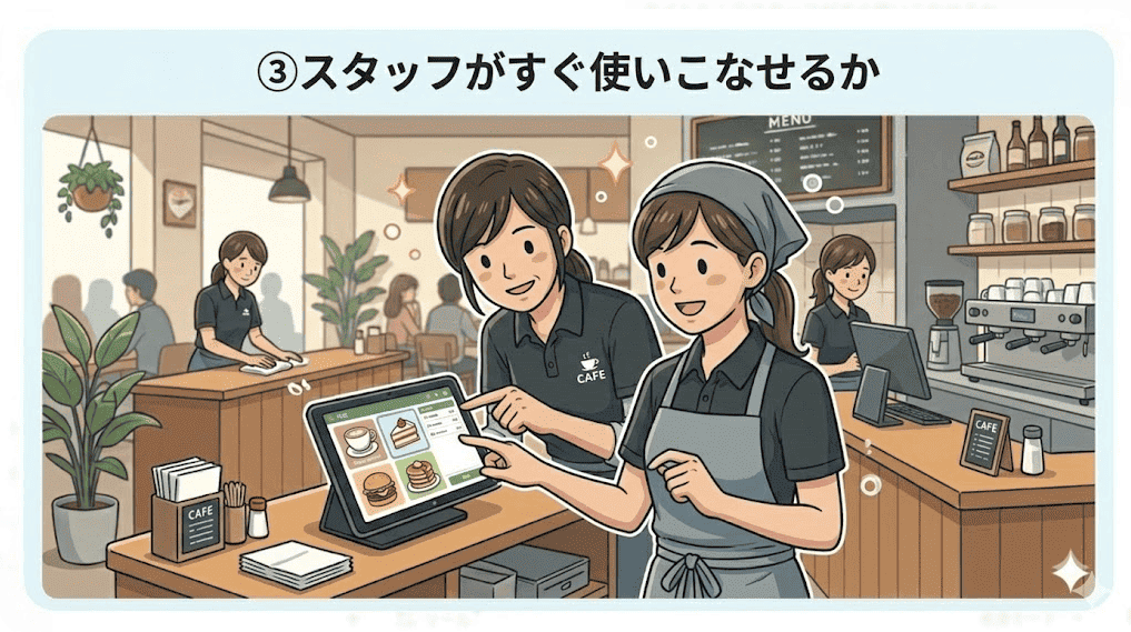 和やかな雰囲気の中で、先輩スタッフからタブレットの操作方法を教わり、すぐに使いこなしている新人スタッフのイラスト
