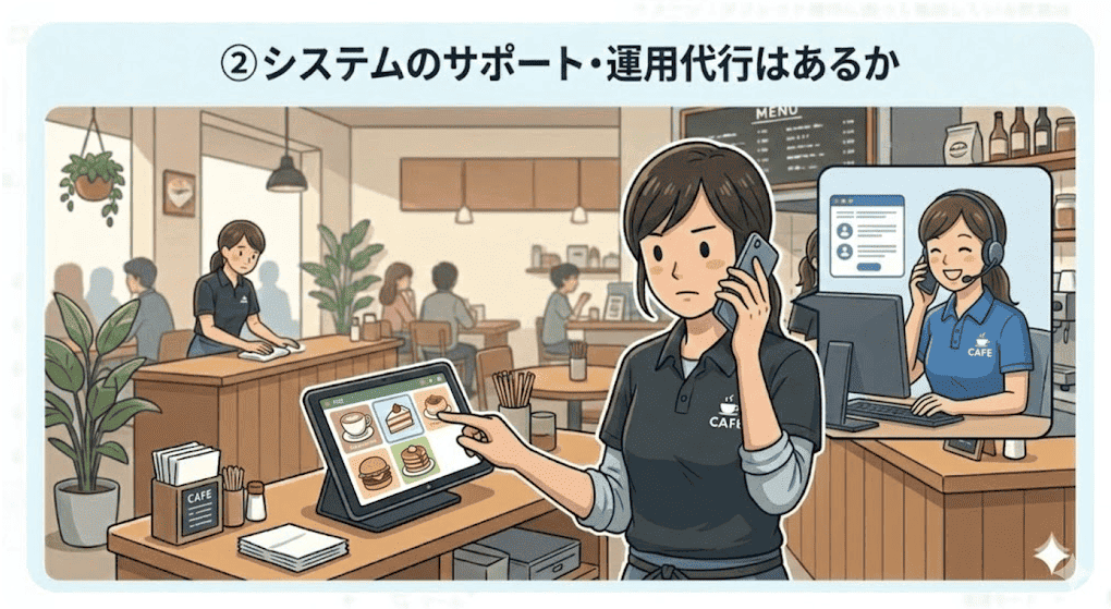 タブレットのメニュー操作について、電話で専門オペレーターに相談しながら解決を図る飲食店スタッフのイラスト