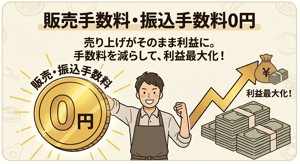 「販売手数料・振込手数料0円」を強調し、売上が利益に直結してガッツポーズで喜ぶ飲食店スタッフのイラスト