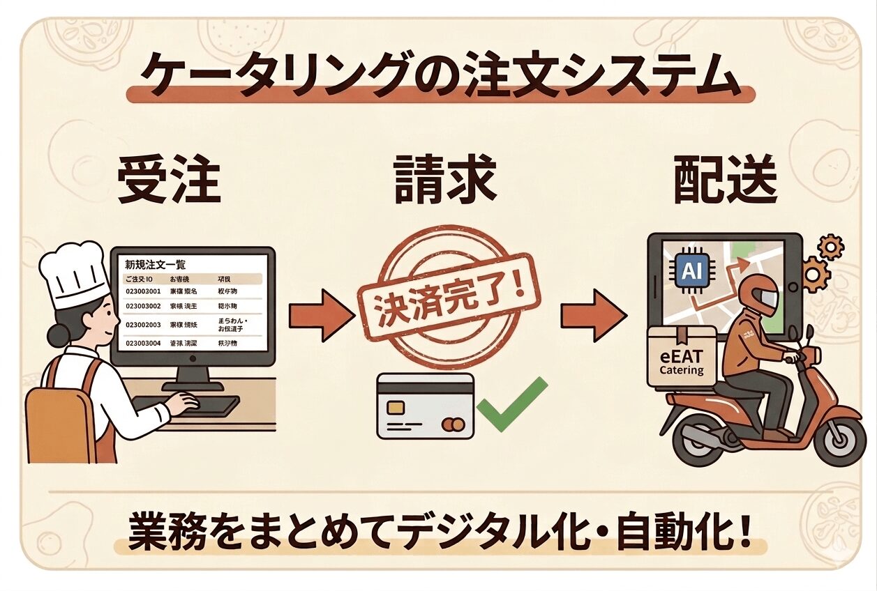 ケータリングの注文システム図解。受注から請求（決済完了）、配送（eEAT Catering）まで、業務をまとめてデジタル化・自動化する流れ。