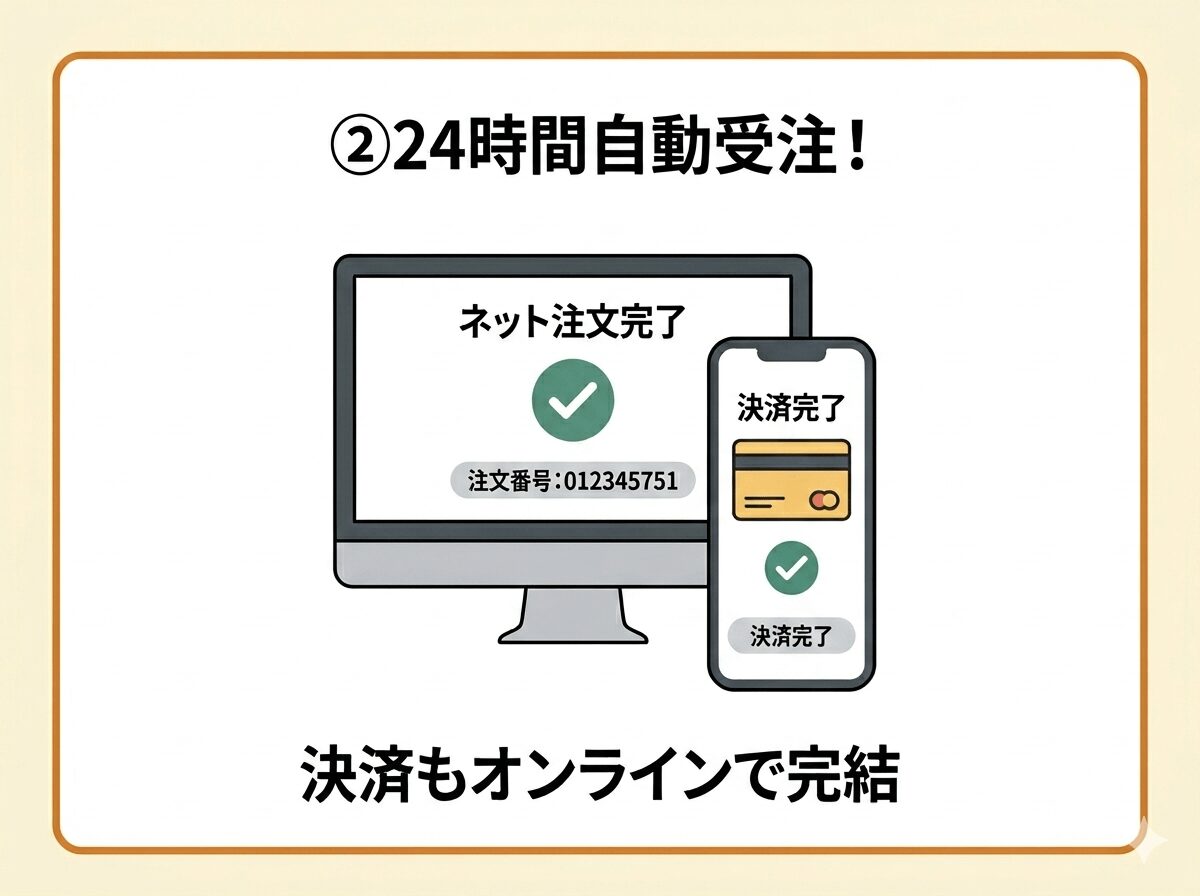 ②24時間自動受注！決済もオンラインで完結。PCとスマートフォンに「ネット注文完了」「決済完了」と表示されているイメージ図。
